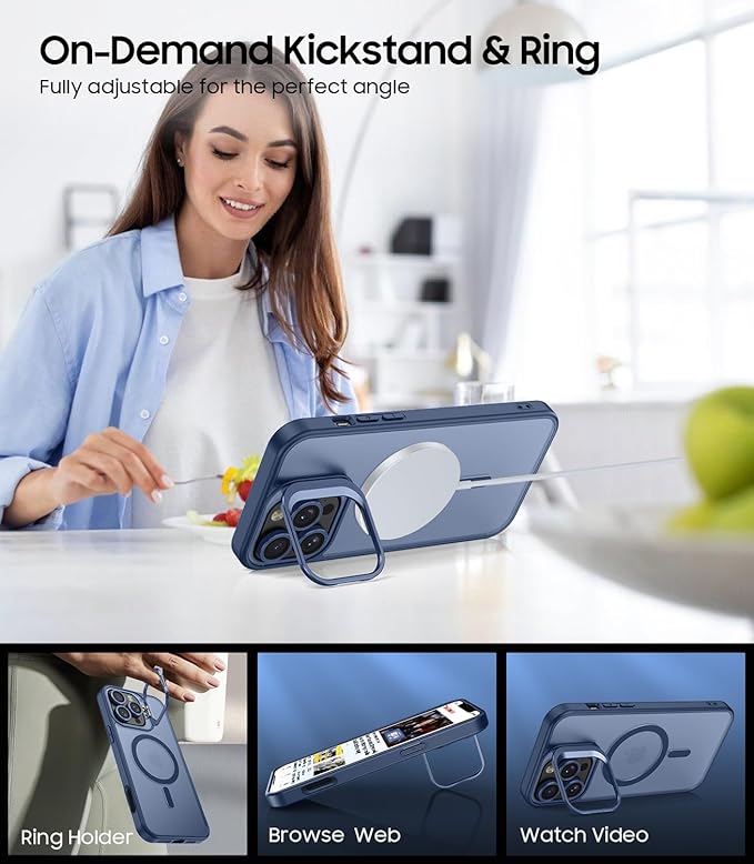 TOBOVON for iPhone 16 Pro Max Case, Compatible with MagSafe, Built-in Camera Ring Stand, with Individual Camera Cover, Translucent Matte Military-Grade Drop Protection Magnetic Case, Blue