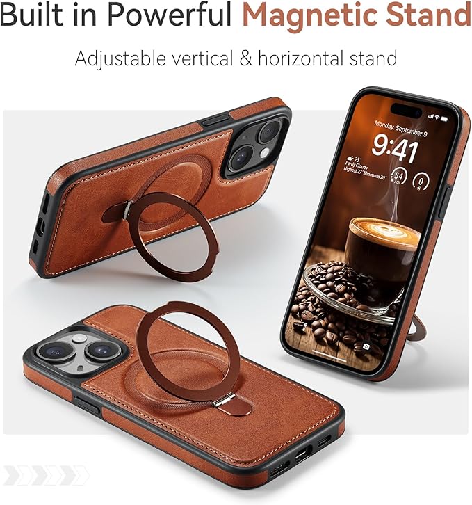 for iPhone 14 Plus Case with Stand Compatible with Magsafe Slim PU Leather & Durable TPU Drop Proof Magnetic Kickstand Protective Cover with Tempered Glass Screen Protector 6.7", Brown