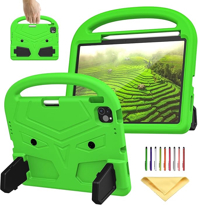 Kids Case for Apple iPad Air 11 inch M3/M2 & iPad Pro 11 inch M5/M4 (2025/2024) with Pencil Holder/Handle/Kickstand Lightweight Soft EVA Foam Shockproof Stand Girls Boys Cover, Green Bird