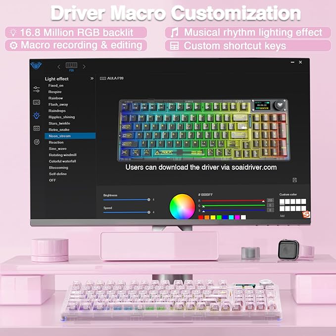 AULA F98 Pro V3 Wireless Mechanical Keyboard with Transparent Keycaps,Hot-swappable,Pre-lubed Linear Switches,Gasket Structure,RGB Backlit,TFT Screen,BT5.0/2.4G/USB-C Wired Computer Keyboard