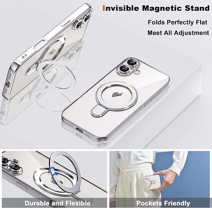 Compatible with iPhone 16 Plus Case with Invisible Magnetic Ring Stand [Compatible with Mag-Safe] [Full Camera Lens Protector] Plating Clear Phone Case for iPhone 16 Plus 6.7", Silver
