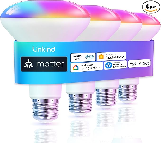 Linkind Matter Smart Light Bulb, BR30 Smart Bulbs, Recessed LED Color Changing Light Bulbs RGBTW, E26 Smart Flood Light Bulbs 650LM 60W Work with Alexa, Apple Home, Google Home, SmartThings, 4Pack