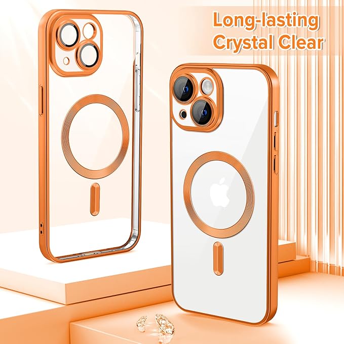 Hython Magnetic Clear for iPhone 15 Plus Case with Camera Lens Protector [Compatible with MagSafe] Luxury Plating Edge Slim Soft TPU Cover Protective Phone Case for iPhone 15 Plus 6.7", Matte Orange