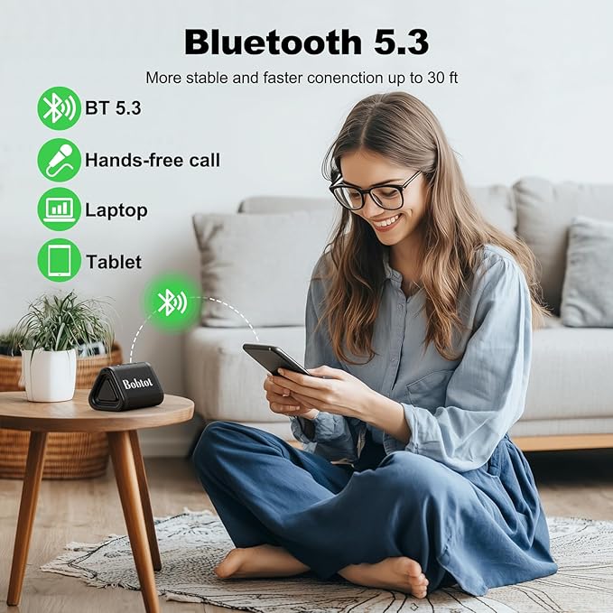Bobtot Portable Bluetooth Speaker, IPX7 Mini Speaker, Loud and Stereo Sound with Bass, 15H Playing Time, TWS Pairing for Travel, Party, Camping