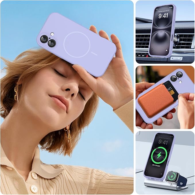 Miracase Magnetic for iPhone 16 Plus Case, [Soft Anti-Scratch Microfiber Lining], Magnetic for MagSafe, Liquid Silicone Shockproof Drop Protection Phone Case for 16 Plus,Light Purple