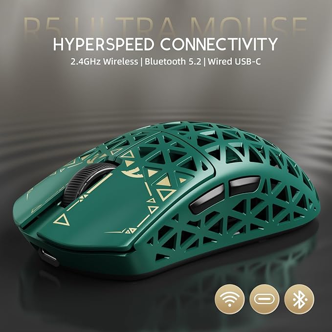 ATTACK SHARK R5Ultra 8K Carbon Fiber Wireless Gaming Mouse with 42000 DPI -PAW3950 MAX Sensor -39g Ultra-Lightweight-Nordic 52840 MCU Chip-Wired/BT/2.4GHz Wirelss Programmable Mouse for PC/Mac (Green)