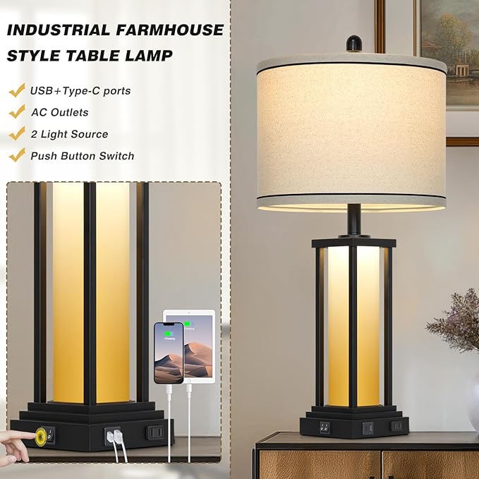 27in Tall Farmhouse Table Lamp Set of 2 with USB C+A & Outlet,Orange Industrial End Table Lamp for Living Room,Vintage Rustic Bedside Lamps with Night Light for Bedroom Nightstand