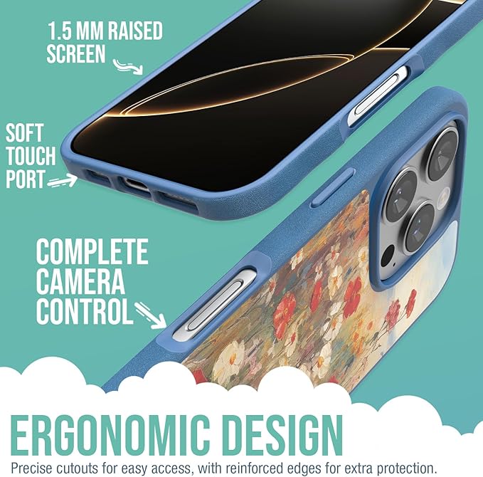 Smartish® iPhone 16 Pro Magnetic Case - Gripmunk Compatible with MagSafe [Lightweight + Protective] Slim & Thin Grip Cover with Microfiber Lining for Apple iPhone 16 Pro - Wildflower Fields
