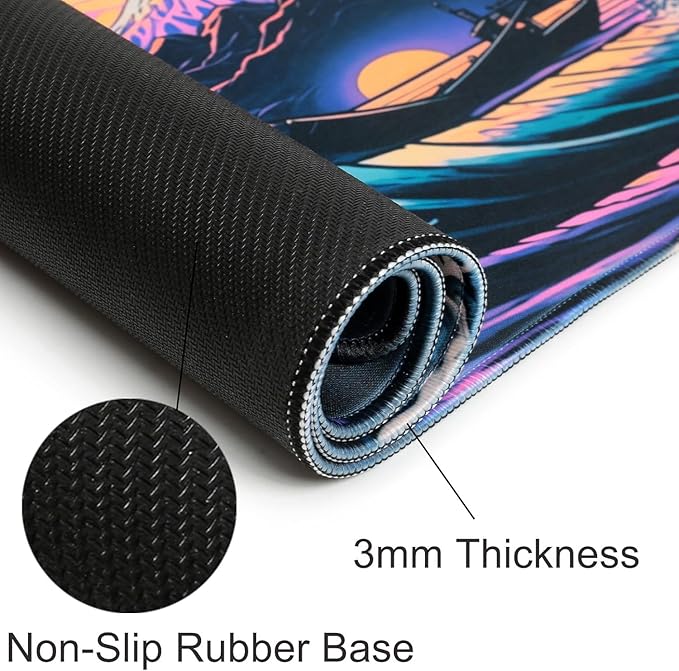 Simpkeely Japanese Sea Wave Mouse Pad, Blacklight Kanagawa Waterproof Gaming Extended Large Desk Pad Long Computer Keyboard Big Mouse Mat with 3mm Non-Slip Rubber Base for Office Home - 31.5" x 11.8"