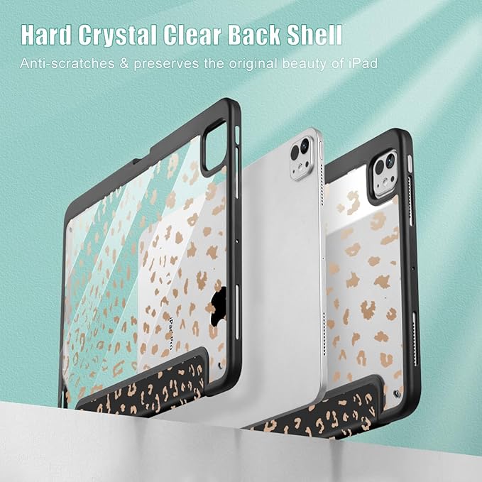 May Chen for iPad Pro 13 Inch Case M5 2025 / M4 2024, Built Pencil Holder & Clear Transparent Print Back Shell Slim Stand Shockproof Tablet Cover, Auto Wake/Sleep, Leopard Print