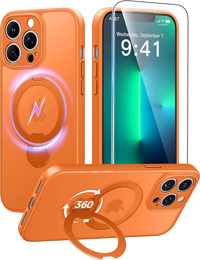 FNTCASE for iPhone 13 Pro-Max Case: [360 Spin Magnetic Stand] [Compatible with Magsafe] [Screen Protector] Translucent Matte Military Grade Shockproof Full Camera Protective Phone Cover - Orange