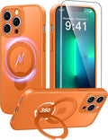 FNTCASE for iPhone 13 Pro Case: [360 Spin Magnetic Stand] [Compatible with Magsafe] [Screen Protector] Translucent Matte Military Grade Shockproof Full Camera Protective Phone Cover - Orange