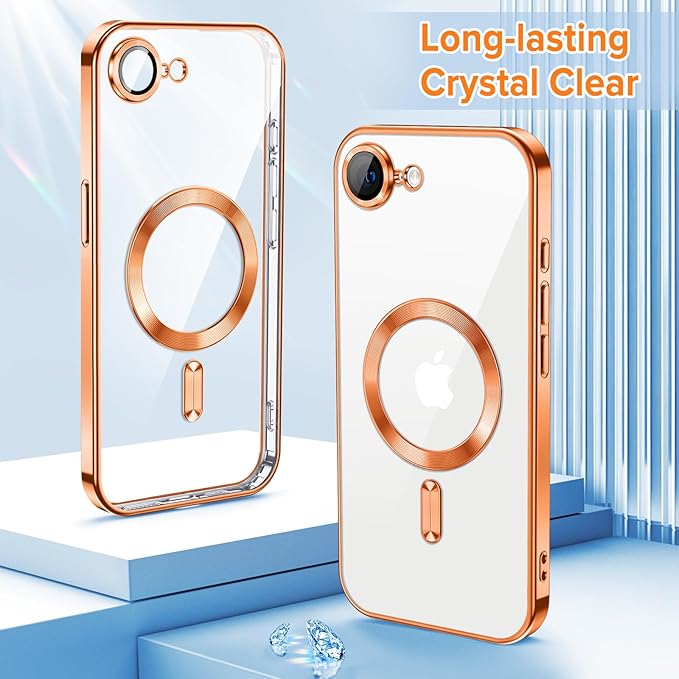Hython Magnetic Clear for iPhone 16e Case with Camera Lens Protector [Compatible with MagSafe] Luxury Plating Edge Slim Soft TPU Cover Protective Phone Case for iPhone 16e 6.1", Orange