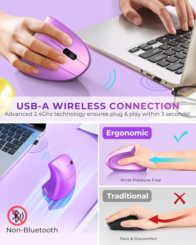 Lekvey Ergonomic Mouse, Wireless Vertical Mouse Rechargeable 2.4 GHz Optical Carpal Tunnel Mice : 800/1200 / 1600 DPI, 6 Buttons, for Laptop, PC, Mac, Computer, Desktop, Notebook etc, Purple