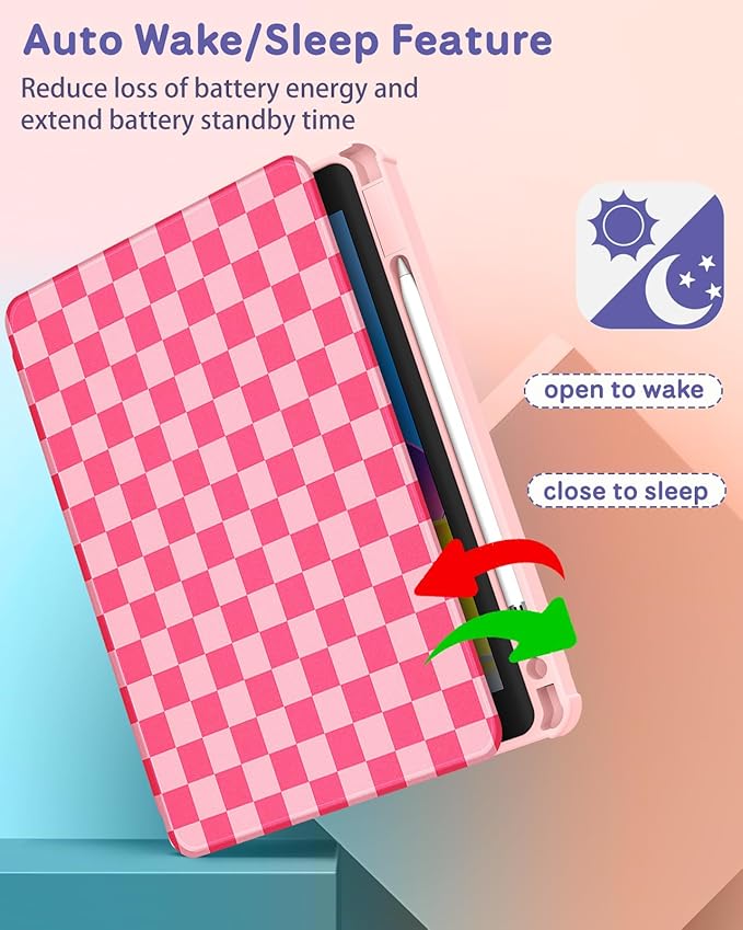 Uppuppy for iPad Pro 12.9 Case Folio Cover with Pencil Holder Girls Cute Women Kids Girly Checkered Design Pretty Aesthetic Rotating Stand for Apple iPad Pro 12.9 Inch Cases 2022/2021/2020/2018