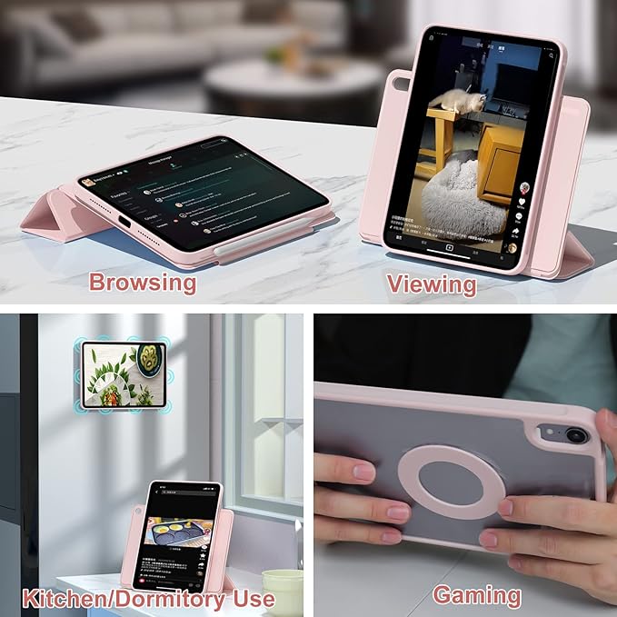 ZENLU iPad Air 10.9/11 inch Case with Removable Magnetic Folio Cover, Premium PU Leather, Multiple Angles Stand, Pencil Slot Charging Support, Full Protective Case for iPad Air 7 6 5 4 Gen (Pink)