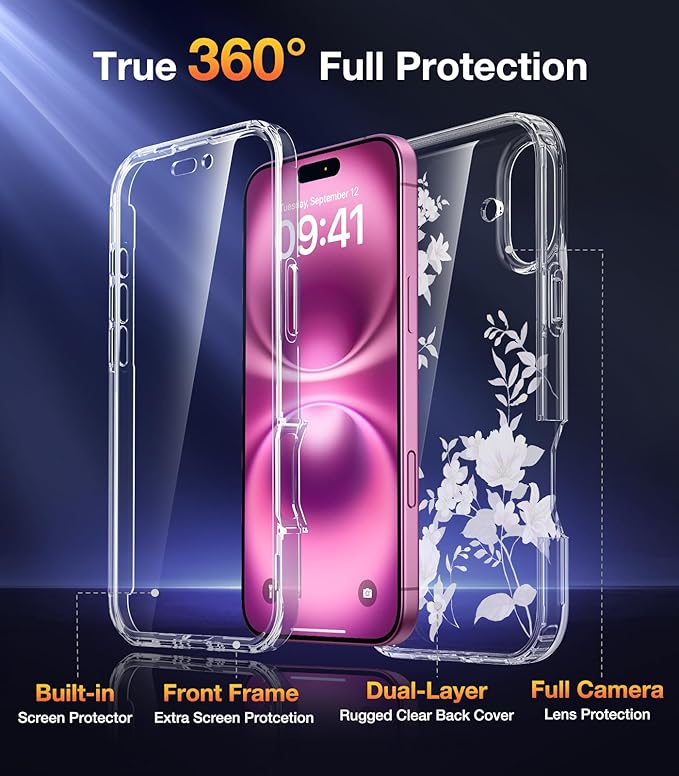Diaclara Designed for iPhone 16 Plus Case, Full Body Rugged Case with Built-in Touch Sensitive Anti-Scratch Screen Protector, Upgraded [Full Camera Protection] for iPhone 16 Plus 6.7",Clear Flower