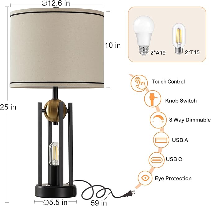 25'' Farmhouse Table Lamps for Living Room Set of 2 with USB C+A Ports, Rustic Vintage Bedside Lamp for Bedroom, Touch Lamps for Nightstand, Dual Lights Independent Switch, Bulb Included, Gold