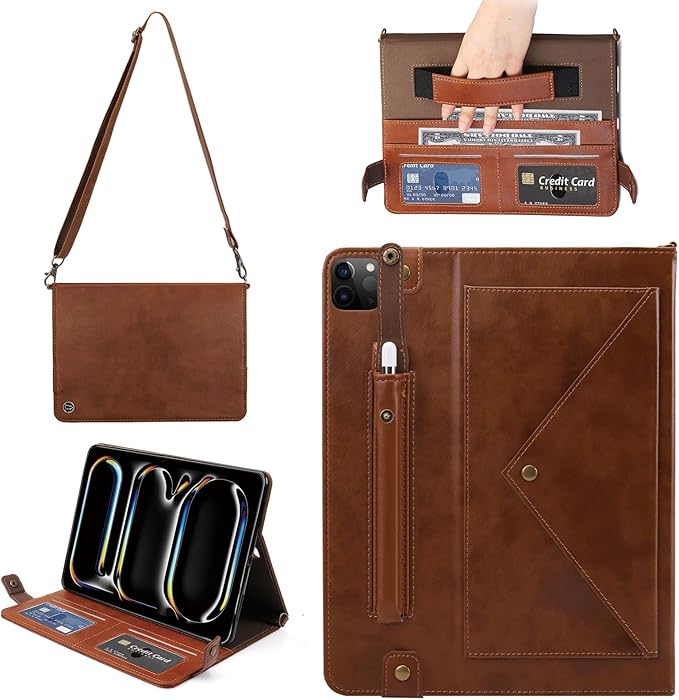 Handbag Case for iPad Pro 11-inch M5 M4 (2025/2024) - Techcircle Folio Stand iPad Crossbody Wallet Case with Pencil Holder, Hand Strap+Shoulder Strap Protective Cover, Coffee