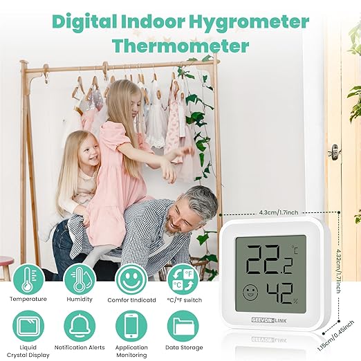 2PC Bluetooth Thermometer Hygrometer, Indoor Temperature Humidity Sensor with Electronic Ink Display, App Notification Alert, Free Data Storage Export, Digital Remote Monitor for Bedroom