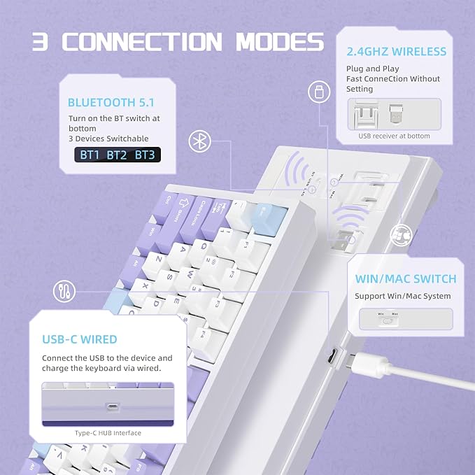 Attack Shark ajazz AK820 Pro Wireless Mechanical Gaming Keyboard Hot Swappable TFT Display & Knob RGB Backlit BT 5.1/2.4Ghz /Type-C Wired Gasket-Mounted Custom Keyboard for PC/Win(Purple/Fish Switch)