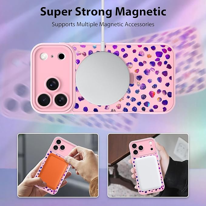 KANGHAR Compatible with iPhone 17 Pro Max Case, Support for MagSafe, Silicone Cute Iridescent Pattern Leopard Print Cheetah, Wristband Kickstand Shockproof Soft Slim Cover for Girls Women, Pink