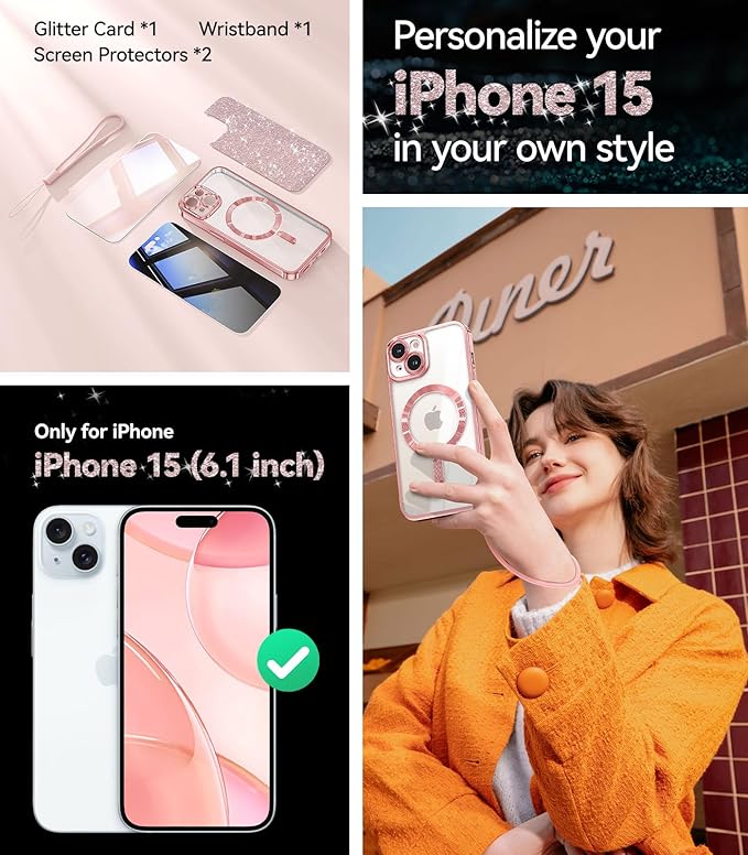 Meifigno for iPhone 15 Case 6.1, [Glitter Card & Wrist Strap], 1X HD+1X Privacy Screen Protectors, Compatible with MagSafe, Surround Camera Lens Protection for iPhone 15 Case, Rose Gold