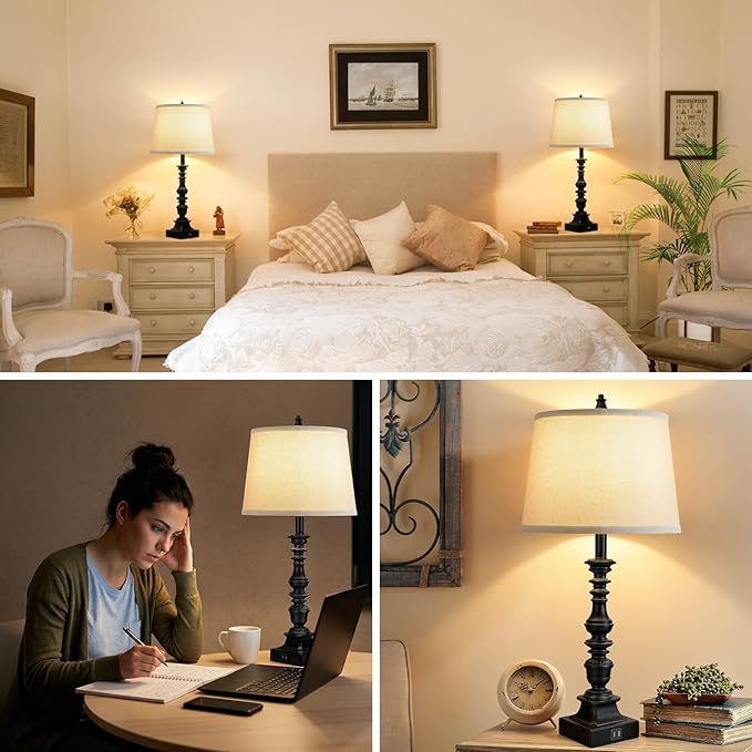 Set of 2 Farmhouse Table Lamps, 27.5'' Tall Rustic Bedside Lamps with 2 USB Ports, Beige Fabric Shade Nightstand Lamp, White Resin Desk Lamp with Rotary Switch for Living Room, Bedroom, Office