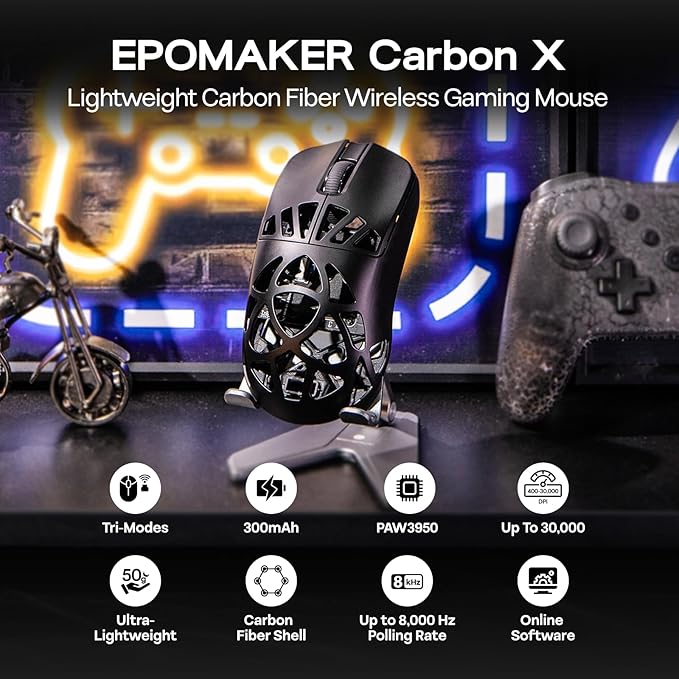 EPOMAKER Carbon X Wireless Gaming Mouse, 400 to 30,000 DPI Adjustable, PAW3950 Sensor, 50g Lightweight, Carbon Fiber Shell, 2.4G/BT/USB-C Rechargeable Wireless Mouse for PC/Mac/Linux (Classic Black)