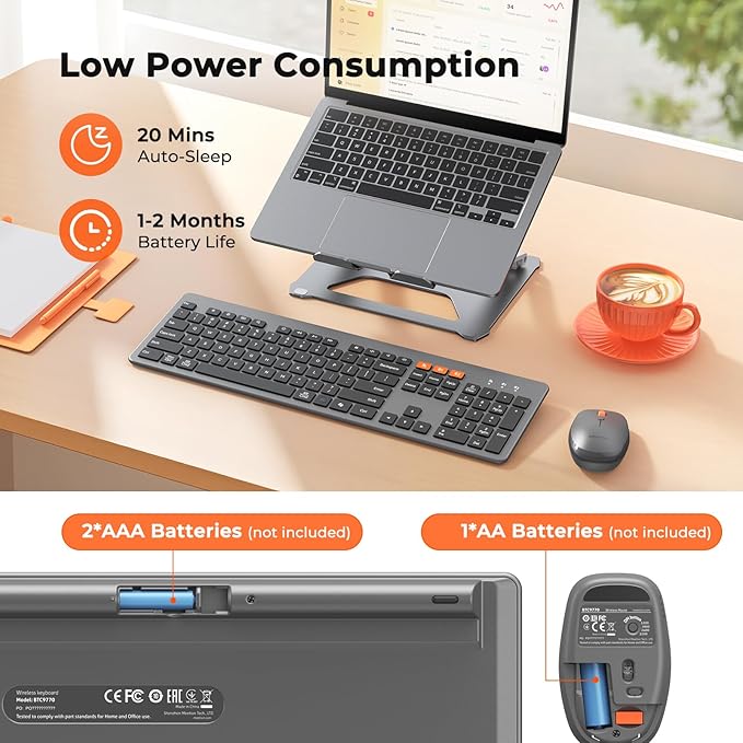 MEETION Wireless Keyboard and Mouse, Ultra Slim Multi-Device Bluetooth Keyboard Mouse, Low-Profile Full Size Keyboard, 1200-3200 DPI Mice, for Computer PC Laptop Tablet iPad, Windows/Mac/iOS