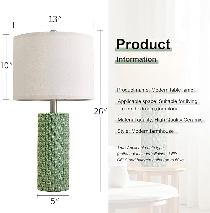 USumkky 26" Tall Table Lamp for Living Room -Green Lamps Set of 2 Modern Ceramic Lamps for Night Stands, Bedside Lamp for End Tables, Nightstand Lamps for Bedroom
