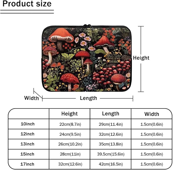 Mushroom Laptop Protective Sleeve for Women Men 10 inch Flower Computer Sleeve Neoprene Laptop Bag Lightweight Lap Top Case Suitable for Travel School Office Organizers Black