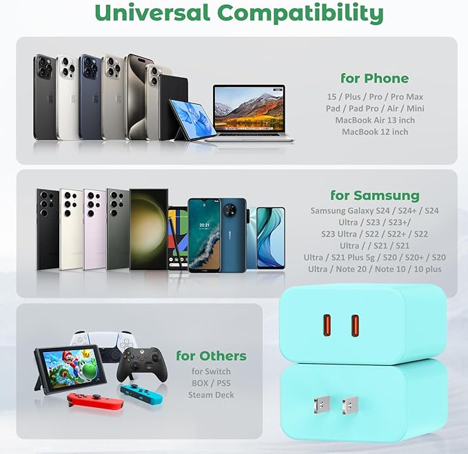 USB C Charger Block, 40W Dual Port Fast Charger 20W Type C Charging Block 3.1A USB Wall Charger Dual Port PD+QC Charging Cube for iPhone 15 16 14 13 12 11 Pro Max XS, iPad, Samsung Phone-Green