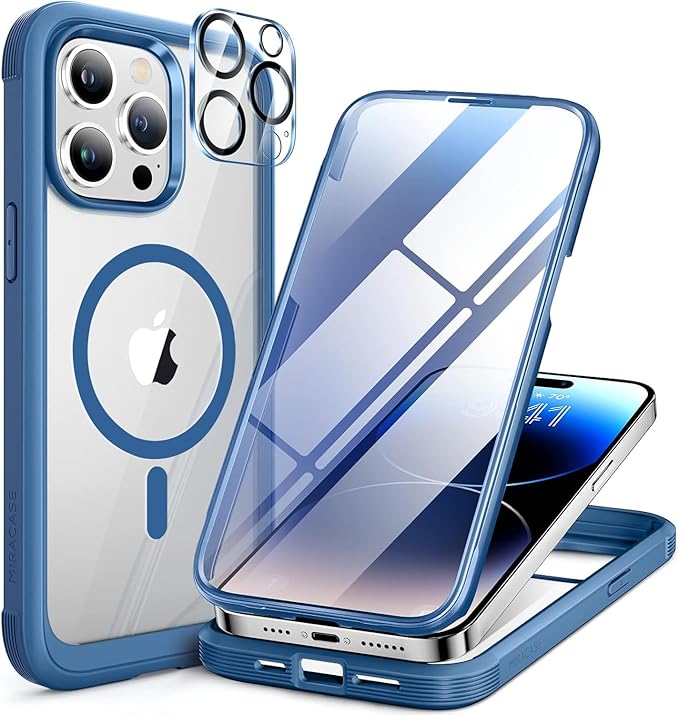 Miracase Magnetic for iPhone 14 Pro Case 6.1 inch, (Compatible with MagSafe) Upgrade Full-Body Clear Phone Bumper Case with Built-in 9H Tempered Glass Screen Protector, Magnetic Capri Blue