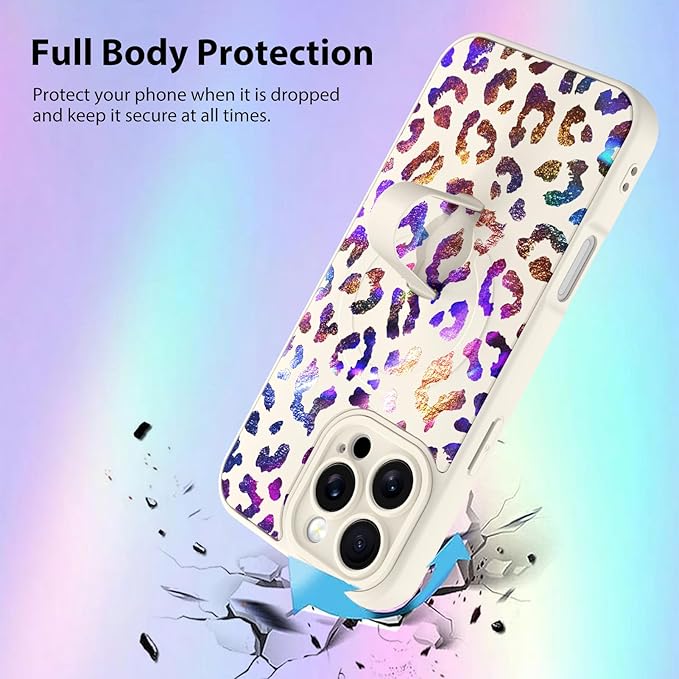KANGHAR Compatible with iPhone 16 Pro Case, Support for MagSafe, Silicone Cute Iridescent Leopard Cheetah Pattern, Wristband Kickstand Shockproof Protective Slim Cover for Women Girls, White
