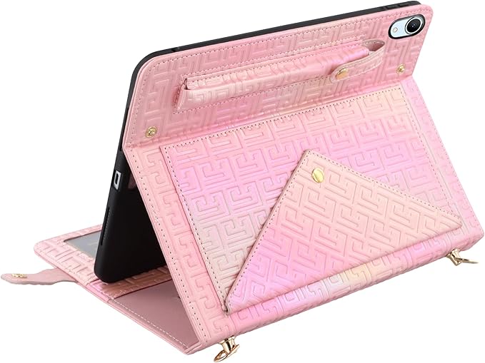 Shiny Case for iPad mini 7 2024/Mini 6th Gen Handbag Case, Techcircle Iridescent PU Leather Folio Envelope Pocket Stand Cover with Hand Strap+Shoulder Strap+Pencil Holder+Card Slots, Shiny Pink