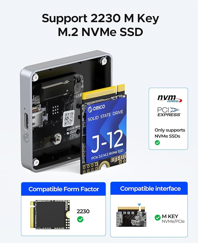 ORICO 10Gbps Magnetic M.2 NVMe SSD Enclosure 4K ProRes Recording Max 2TB for iPhone 17/16/15 Pro/Pro Max/Plus Support SSD Size 2230 B+M M-Key Diskless AP30 (Black)
