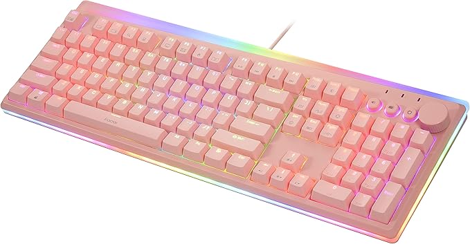 i-rocks K71M RGB Mechanical Gaming Keyboard with Media Control Knob, Switches (Red), 107 Keys w/Full NKRO, PBT Keycaps, Multimedia Hotkeys, Detachable USB-C Cable and Onboard Storage, Pink