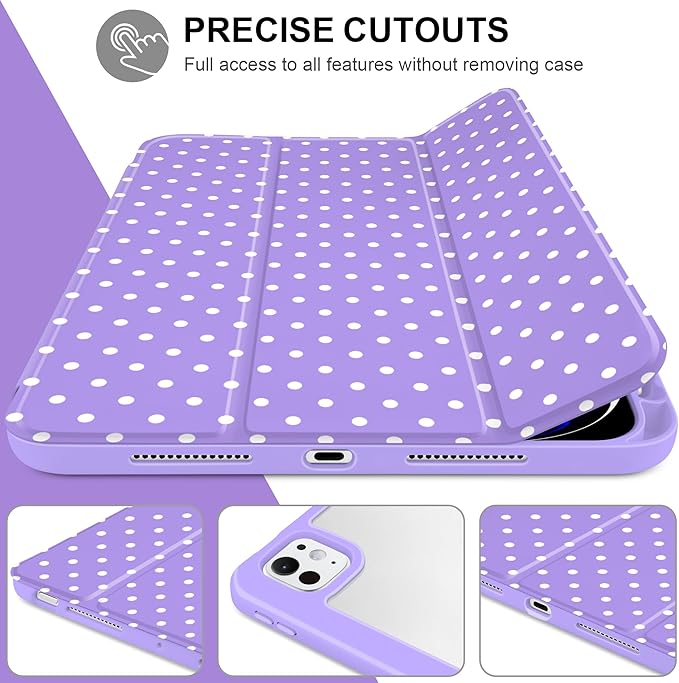 Case for iPad Pro 11 Inch (M5 2025 M4 2024) – [Built-in Pencil Holder], Shockproof & Stylish, Clear Hard Back + Soft TPU Edge, Magnetic Trifold Stand, Auto Wake/Sleep, Purple White dot