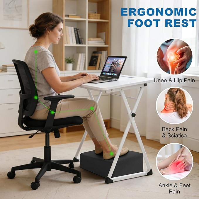 Adjustable Foot Rest Under Desk,Adopt 3-in-1 Ergonomic Design.High-Density Foam and Zipper Closure Under Desk Leg Rest,Fabric is Removable and Washable. for Office, Gaming, Home, and Travel (Black