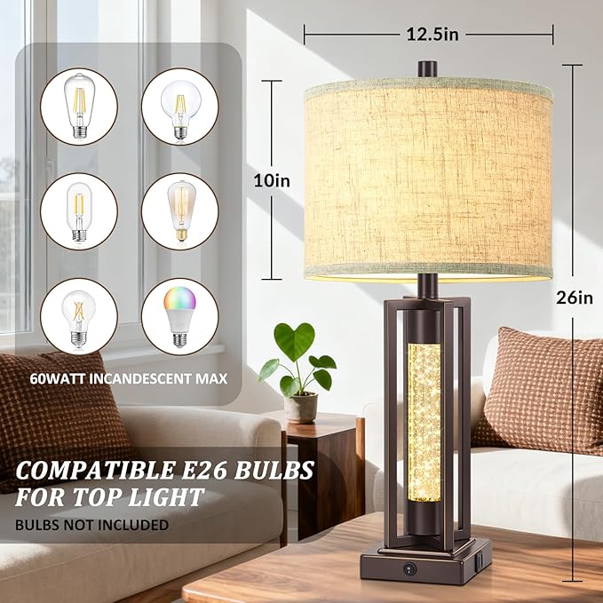 TOBUSA 26’’ Vintage Table Lamps for Living Room Set of 2, Farmhouse Lamps for Bedroom with 2 USB Ports and Crystal Night Light, Rustic Bedside Lamps with Linen Shade for Night Stands End Table, Brown