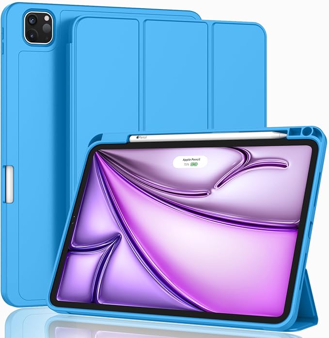 ZryXal New iPad Air 13 Inch Case M3 2025/M2 2024 with Pencil Holder, Trifold Stand Smart Case with Soft TPU Back,Auto Wake/Sleep(Ocean Blue)