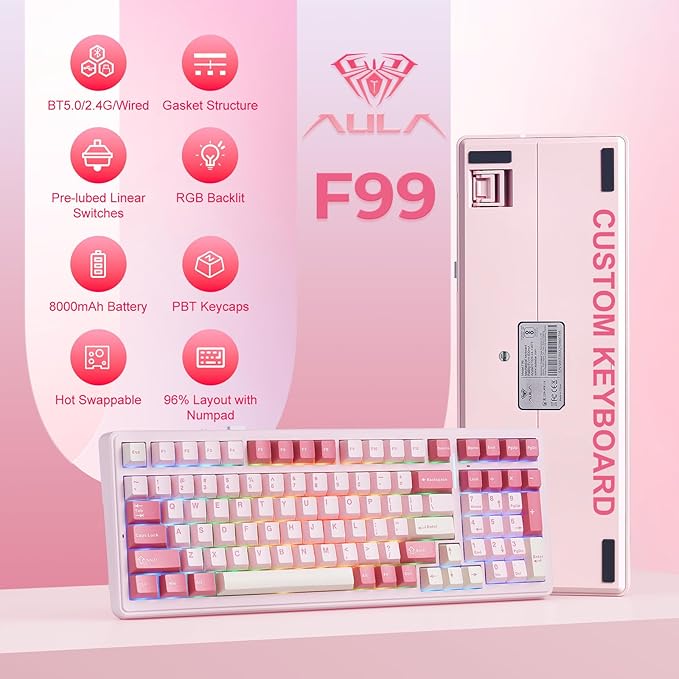 Aula F99 Mechanical Keyboard Pink, Wireless Gaming Keyboards Hot Swappable Custom Creamy Computer Keyboard, Full Size, Tri-Mode BT5.0/2.4GHz/USB-C,RGB Backlit,Gasket Structure,Strawberry Mint Switch