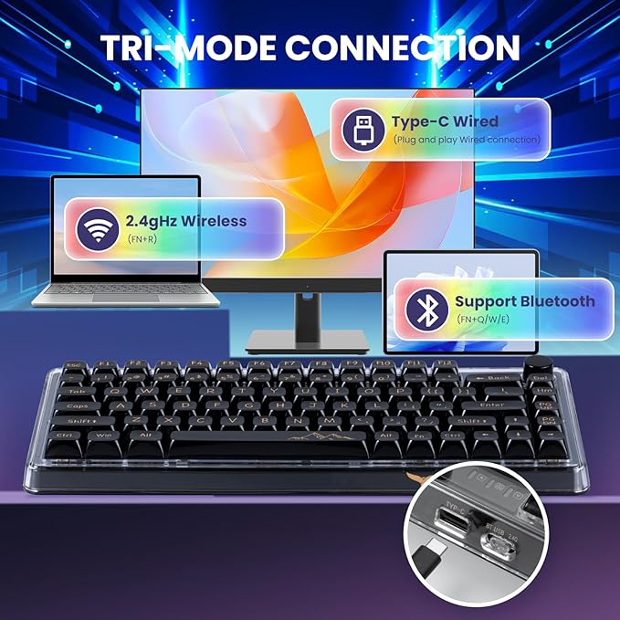 MY-V82 75% Tri-Mode Wireless Mechanical Gaming Keyboard, Bluetooth 5.0/2.4GHz/USB-C，Keyboard with Knob， RGB Backlit, Hot-Swappable, Electroplated Metal Case, for Win/Mac Gamers