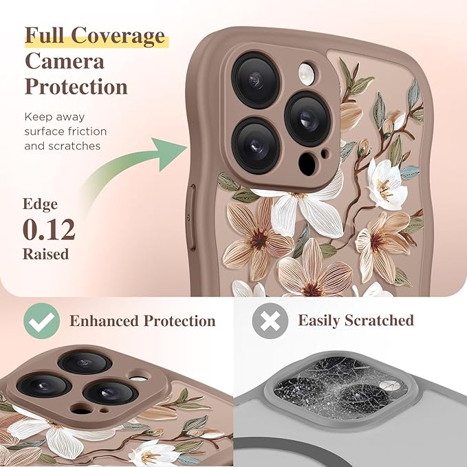 GVIEWIN for iPhone 14 Pro Case Compatible with MagSafe [Curly Wave Edge][Full Camera Protection] Floral Translucent Shockproof Magnetic Women Phone Case for 14 Pro, Dogwood/Brown