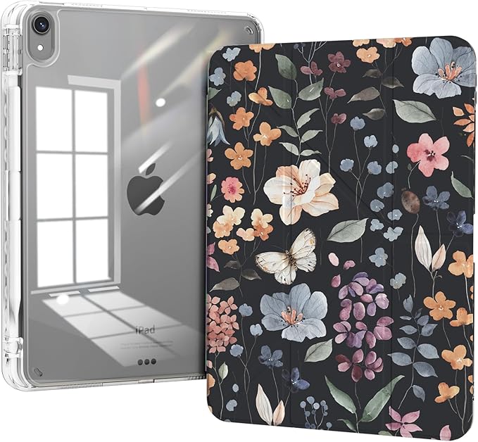 Case for iPad Air 11 Inch M4/M3/M2 (2026/2025/2024), iPad Air 5th/4th Generation 10.9" Case, Clear Back Cover Origami Trifold Stand with Pencil Holder, Black Flower