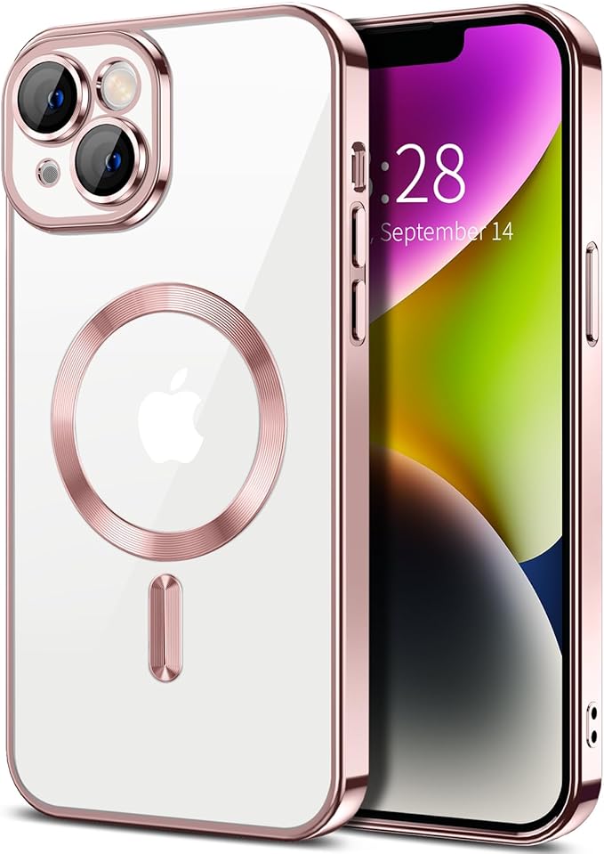 Hython Magnetic Clear for iPhone 14 Plus Case with Camera Lens Protector [Compatible with MagSafe] Luxury Plating Edge Slim Soft TPU Cover Protective Phone Case for iPhone 14 Plus 6.7", Pink