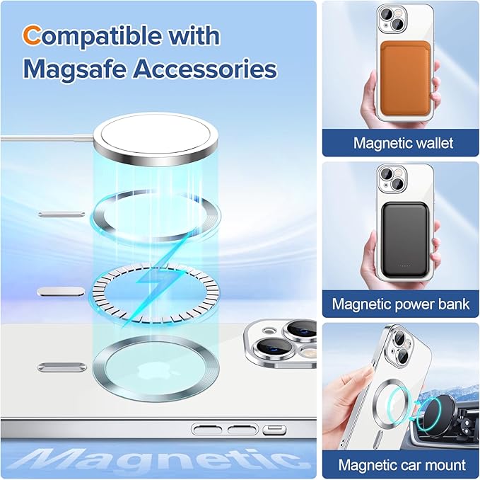 Hython Magnetic Clear for iPhone 14 Case with Camera Lens Protector [Compatible with MagSafe] Luxury Plating Edge Slim Soft TPU Cover Protective Phone Case for iPhone 14 6.1", Silver