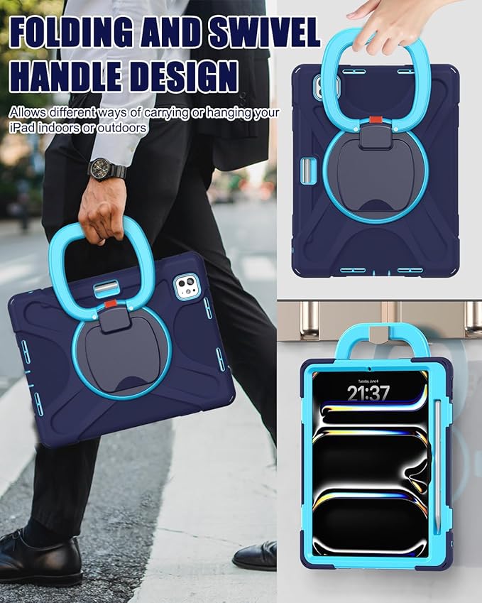 BRAECN for iPad Pro 11 Inch Case (M5/M4) 2025/2024, Shockproof Silicone Cover with Built-in Screen Protector, Multiple Adjustable Viewing Angles, Shoulder Strap, Handle Grip, Pencil Holder, Navy Green