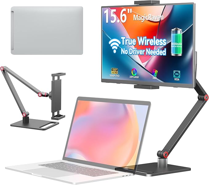 MAGICRAVEN Wireless Portable Monitor for Laptop, 15.6" Portable Monitor with Battery-1080P FHD Second Screen for Home & Office, AirPlay & Miracast Casting, No Cables or Drivers Needed(with Stand)